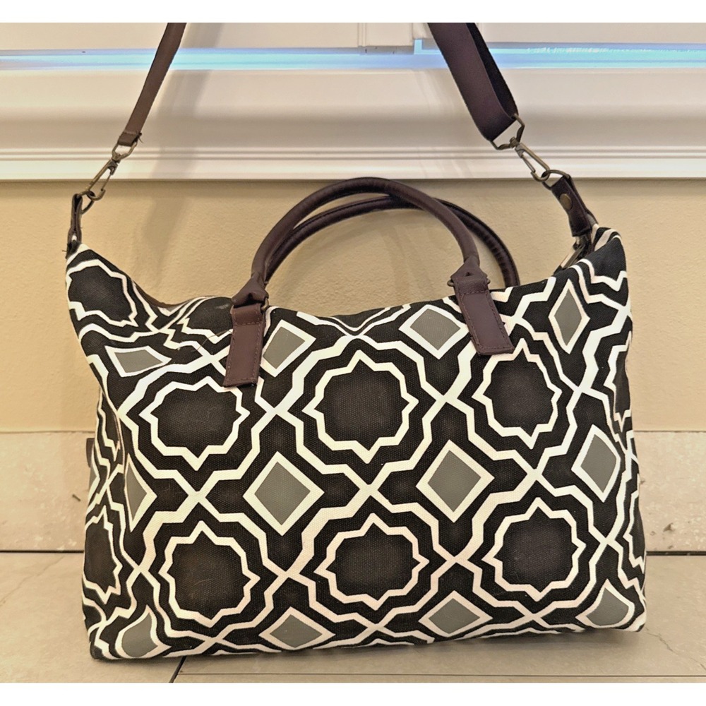 Lulu Dharma Black Brown Cream Geometric Weekender Canvas Overnight Tote Gym Bag